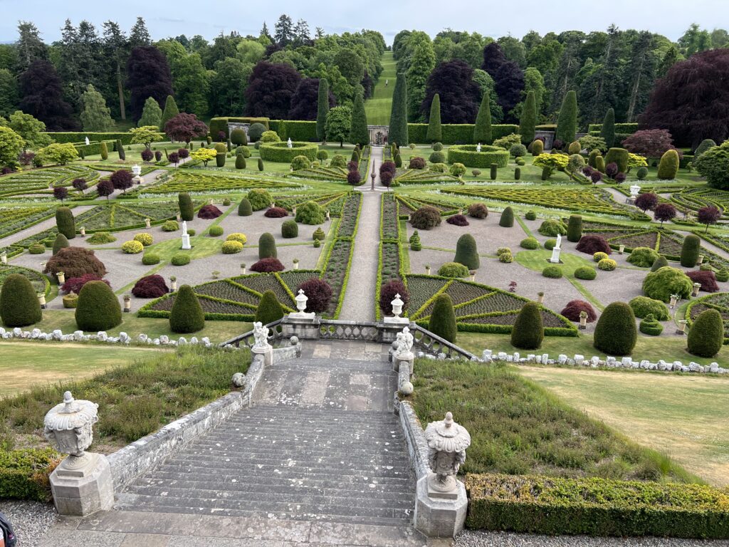 View of Drummond Castle Gardens from upper courtyard
